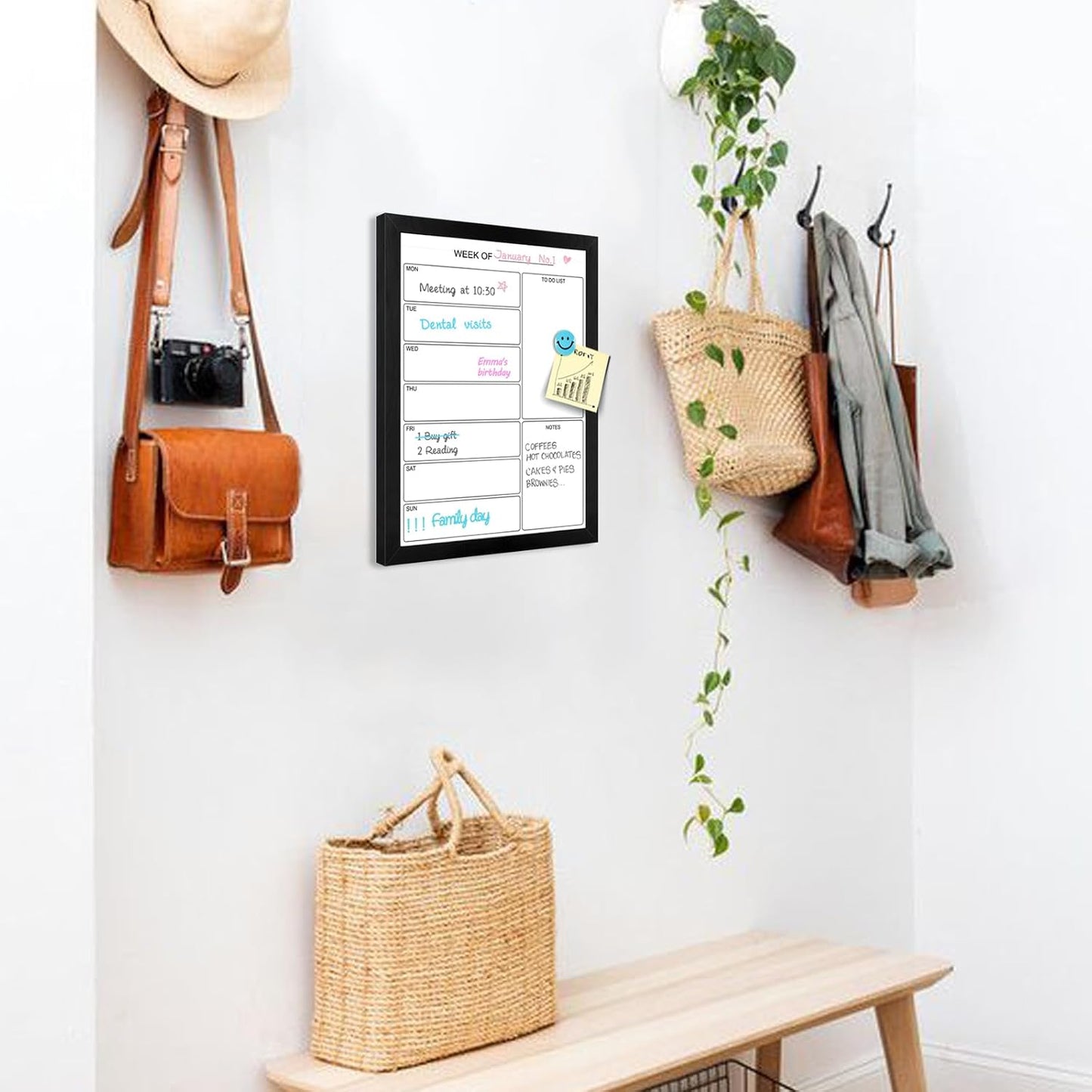 Weekly Dry Erase Whiteboard Calendar, 15.7"x11.8" Magnetic Surface Memo Board, Minimal Design Weekly Planner for Wall, Black Wood Frame Dry Erase Board for Office School Home(ZLBB-S-BK-2636)