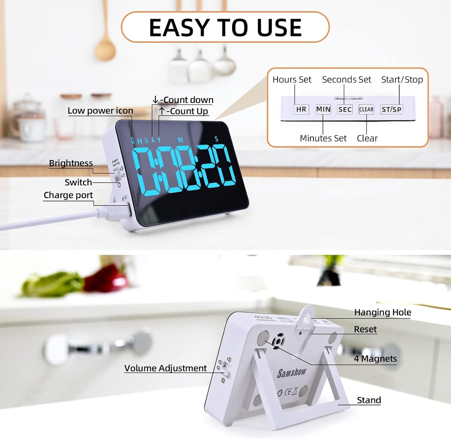 Samshow Rechargeable Digital Kitchen Timer, Ice Blue, 5 Inch | Countdown/Up, 3 Adjustable Brightness, 4 Adjustable Volume , 5" LED Display, Magnetic, For Classroom/Office/Home/Work/Game