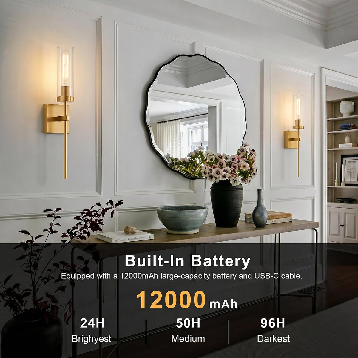 Wireless Wall Sconces with Remote Control, Battery Operated Wall Sconce Set of 2, Black & Gold Rechargeable Dimmable Wall Light for Bedroom Living room Bathroom Hallway Entryway Stairwell, 3000K