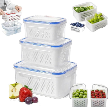 4 in 1 Food Storage Container-2/3 Pack Set with Lids, Fruit Storage Containers for Fridge with Removable Colander,Stackable Fridge Transparent Plastic Storages Box, Dishwasher Safe (Gray, S+M+L)