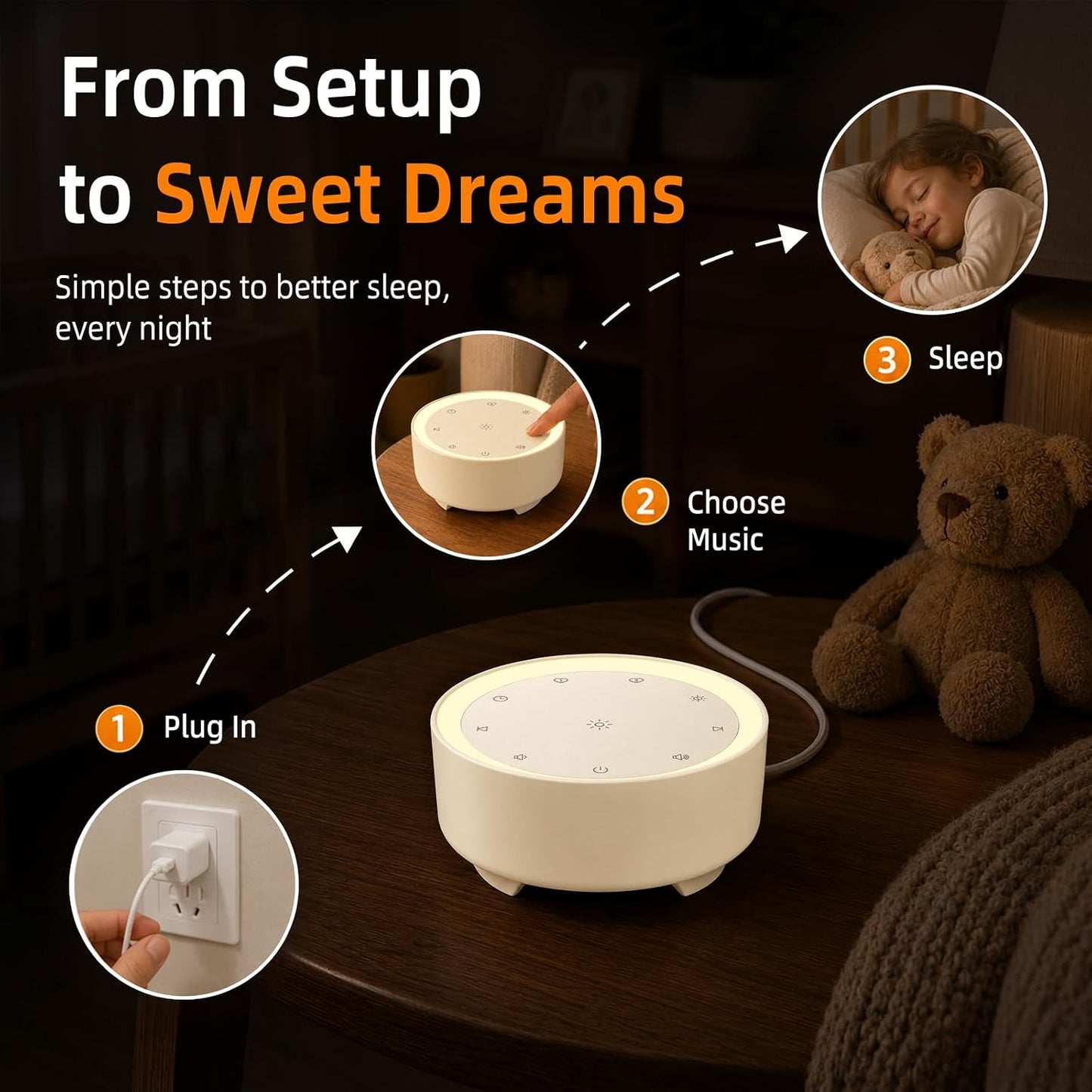 Kipcush White Noise Machine for Sleeping, Baby & Adults, High-Fidelity Non-Looping Sounds, Sleep Sound Machine with Dimmable Night Light, USB Powered, Memory Function, Home, Nursery & Travel
