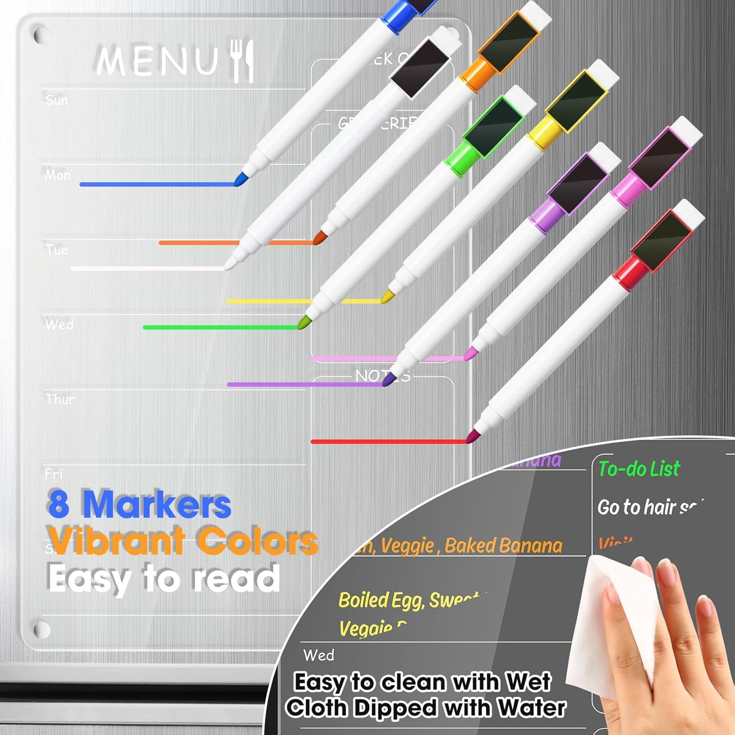 Acrylic Meal Planner Weekly Calendar Menu Board for Kitchen, w/ 8 Markers | Clear Weekly Fridge Calendar Planning Note Board Dry Erase to Do/Grocery/Shopping List/Chore Chart, 12.8x9’’