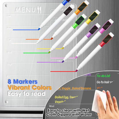 Acrylic Meal Planner Weekly Calendar Menu Board for Kitchen, w/ 8 Markers | Clear Weekly Fridge Calendar Planning Note Board Dry Erase to Do/Grocery/Shopping List/Chore Chart, 12.8x9’’