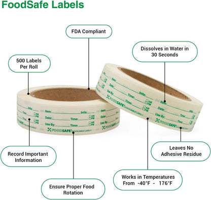 Food Labels Dissolvable by Food Safe - Leaves No Adhesive Residue Dissolves in Water in 30 Seconds Perfect for Reusable Containers - 500 Labels Per Roll