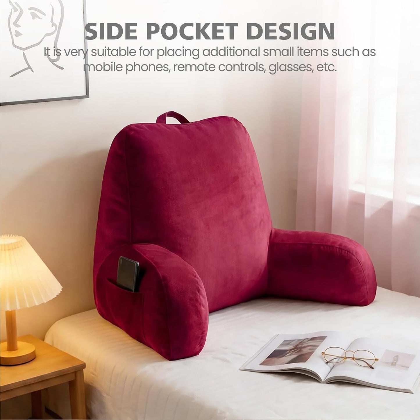 Reading Pillow with Adjustable Memory Foam,Adult Backrest with Arms, Back Pillow for Sitting in Bed with Washable Cover- Large, Gray