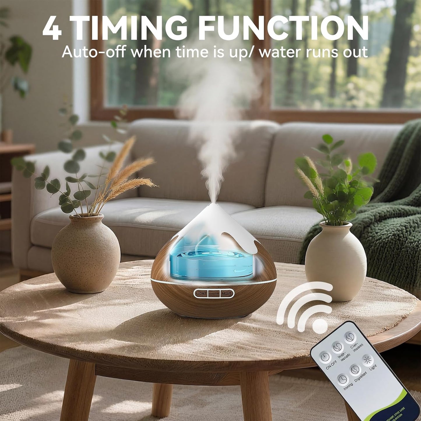 500ML Essential Oil Diffuser, Aromatherapy Diffuser with Remote Control, Multifunctional Air Diffusers for Home Office Room, Fragrance Aroma Diffuser with 7 Color LED & 2 Mist Mode, Brown
