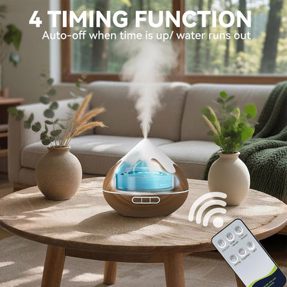 500ML Essential Oil Diffuser, Aromatherapy Diffuser with Remote Control, Multifunctional Air Diffusers for Home Office Room, Fragrance Aroma Diffuser with 7 Color LED & 2 Mist Mode, Brown