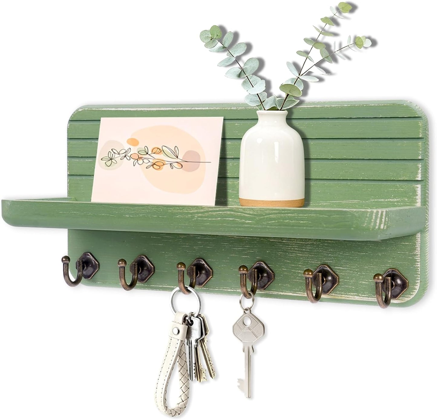 Key Holder for Wall, Mail Organizer Wall Mount with 6 Hooks Wooden Hanging Key Rack for Home Decor, Hallway, Entryway (Yellow)