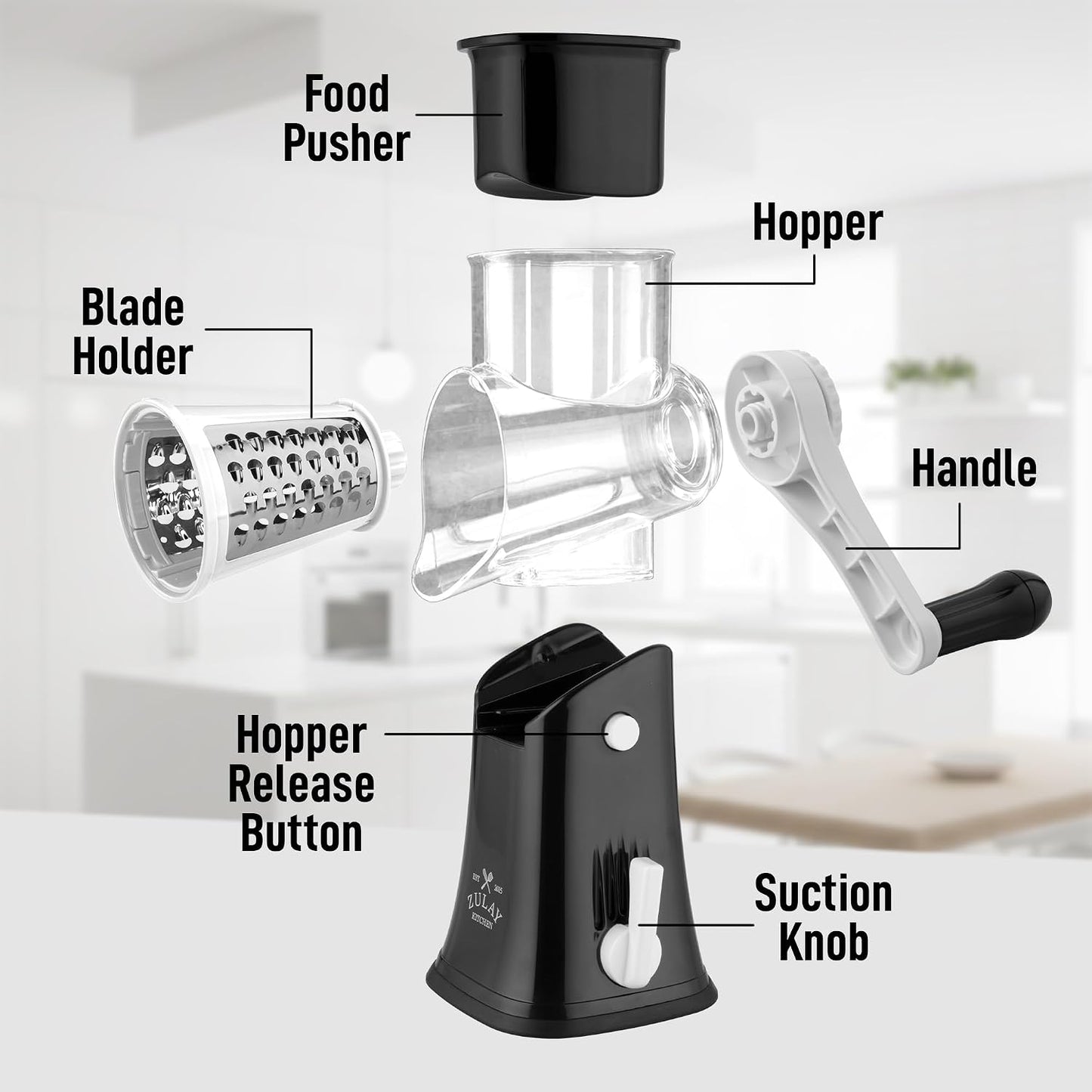 Zulay Kitchen Rotary Cheese Grater 5 Blade Cheese Shredder - Manual Hand Crank Cheese Grater With Reinforced Suction & 5 Interchangeable Drums - Easy to Use, Vegetable Chopper Round Mandoline Slicer - Colors B