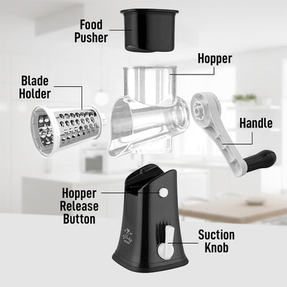 Zulay Kitchen Rotary Cheese Grater 5 Blade Cheese Shredder - Manual Hand Crank Cheese Grater With Reinforced Suction & 5 Interchangeable Drums - Easy to Use, Vegetable Chopper Round Mandoline Slicer - Colors B