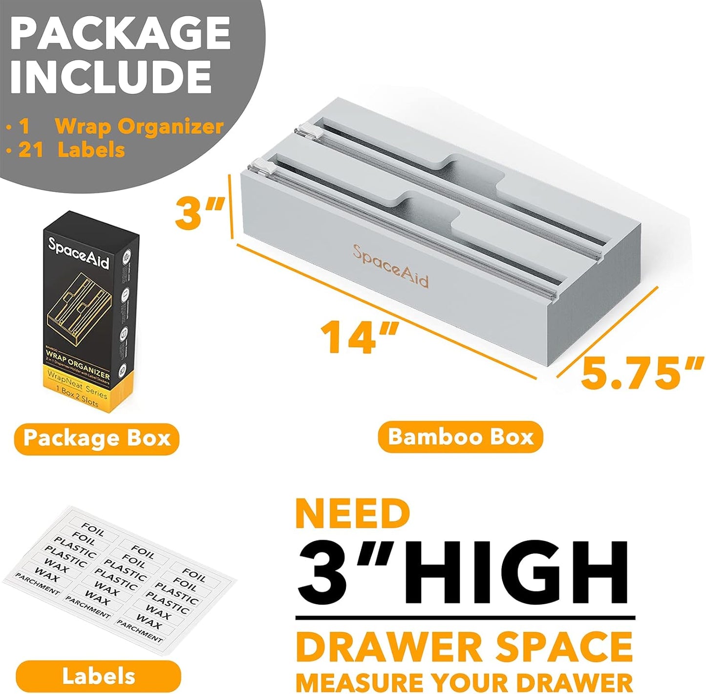 SpaceAid WrapNeat 2 in 1 Wrap Organizer with Cutter and Labels, Plastic Wrap, Aluminum Foil and Wax Bamboo Dispenser for Kitchen Storage Organization Holder for 12" Roll (Natural)