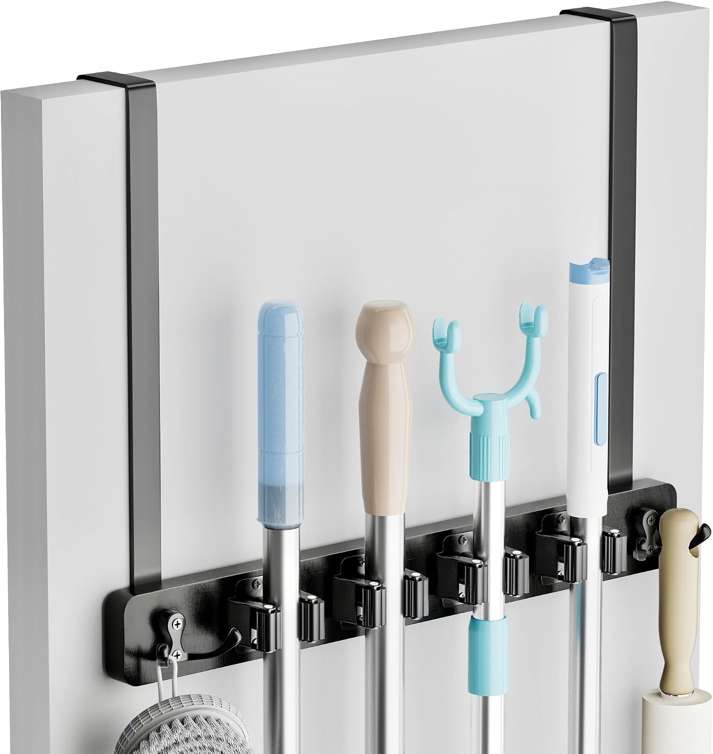 Lorbro Broom Holder Door Mount, Wood Over the Door Broom and Mop Holder | 4 Slots 4 Hooks, No Drill Setup, EVA Protection Pads, Secure Grip, Laundry Garage Closet Kitchen Use, White