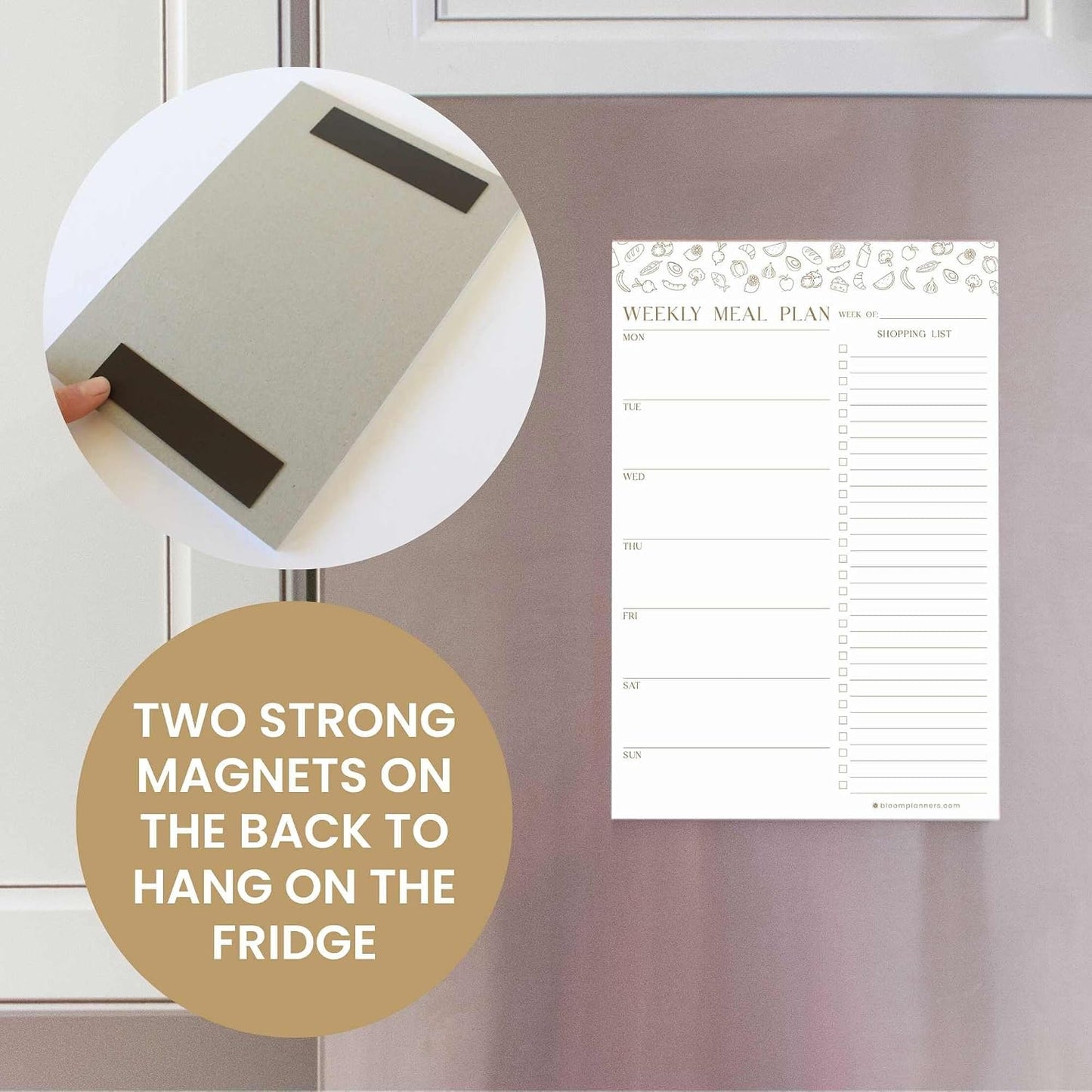 bloom daily planners Weekly Meal Planning Pad - Magnetic Hanging Refrigerator Menu Planner with Tear-Off Sheets & Perforated Grocery Shopping Lists - 6” x 9” (Pink Floral)