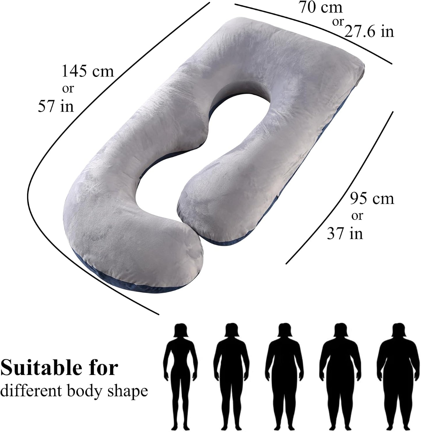 ALLOPERA Pregnancy Pillows for Sleeping, 57-Inch U-Shaped Full Body Maternity Pillow with Adjustable Fill and Removable Washable Cover, Back, Belly, Hip and Leg Support for Pregnant Women, Black Grey