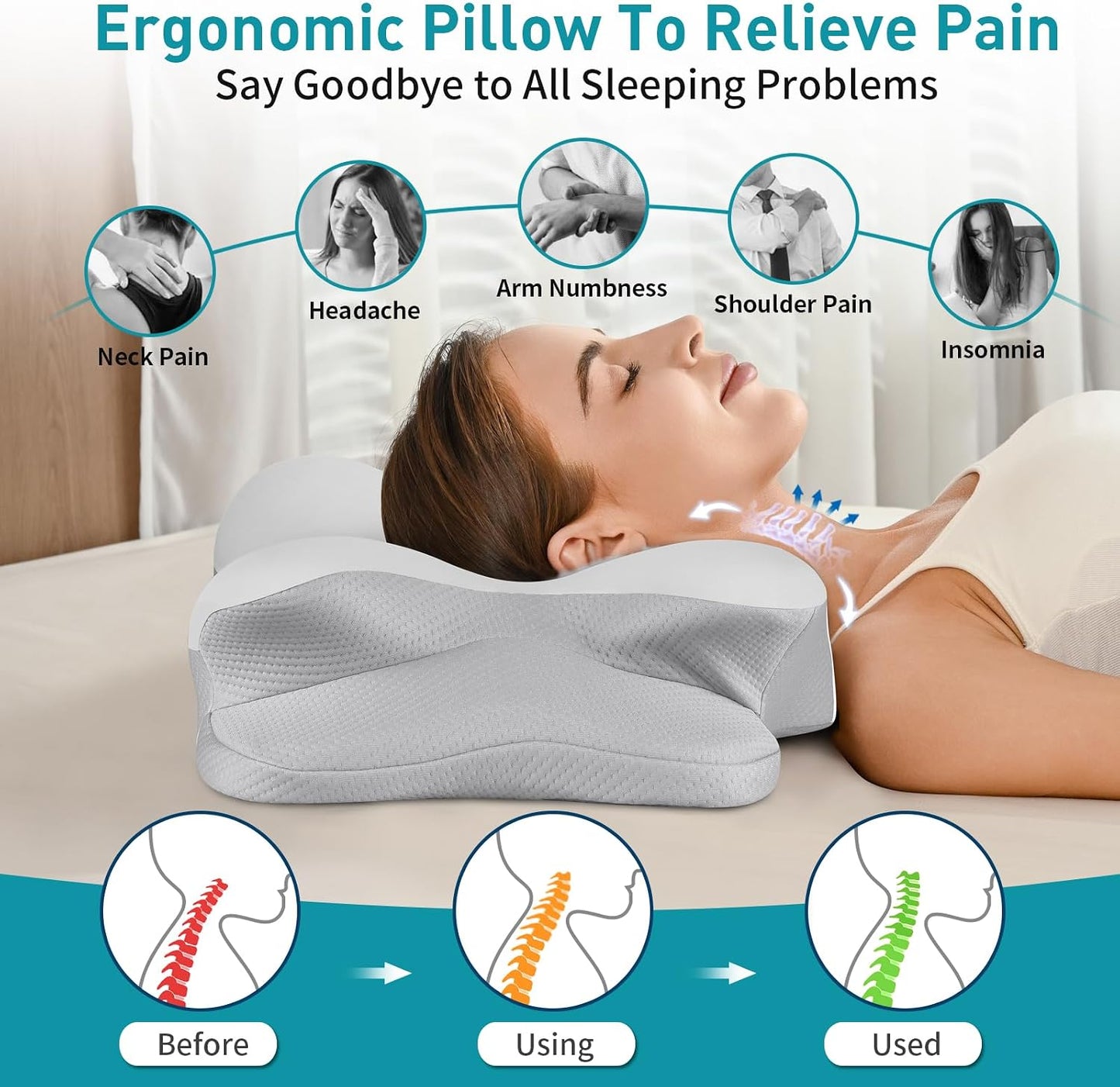 Cervical Neck Pillow for Pain Relief - Ergonomic Memory Foam Pillows | Contour Side Sleeper Pillow for Neck Support, Orthopedic Pillow for Sleeping, Bed Pillow for Sleepers, Grey