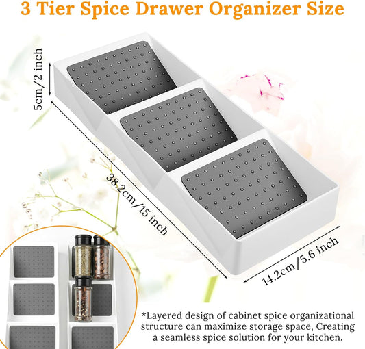 2 Pcs Spice Drawer Organizer Plastic, Drawer Spices Organizer, 3 Tier Kitchen Cabinet Seasoning Rack, White Gray, for Spice Jars, Essential Oils, Cosmetics, Office Supplies, Pantry Storage