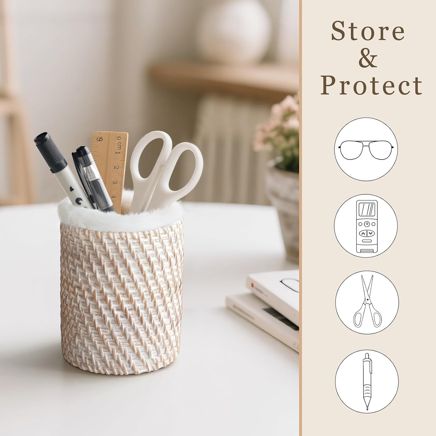 Mkono Glass Holder for Nightstand Rattan Plush Lined Bedside Eyeglass Stand | Prevents Lens Scratches, Space-Saving Design, 3.1" Wx3.5" H, Stable Base, Easy Access, Storage for Desk, Office, Table Decor