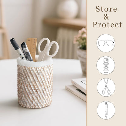 Mkono Glass Holder for Nightstand Rattan Plush Lined Bedside Eyeglass Stand | Prevents Lens Scratches, Space-Saving Design, 3.1" Wx3.5" H, Stable Base, Easy Access, Storage for Desk, Office, Table Decor