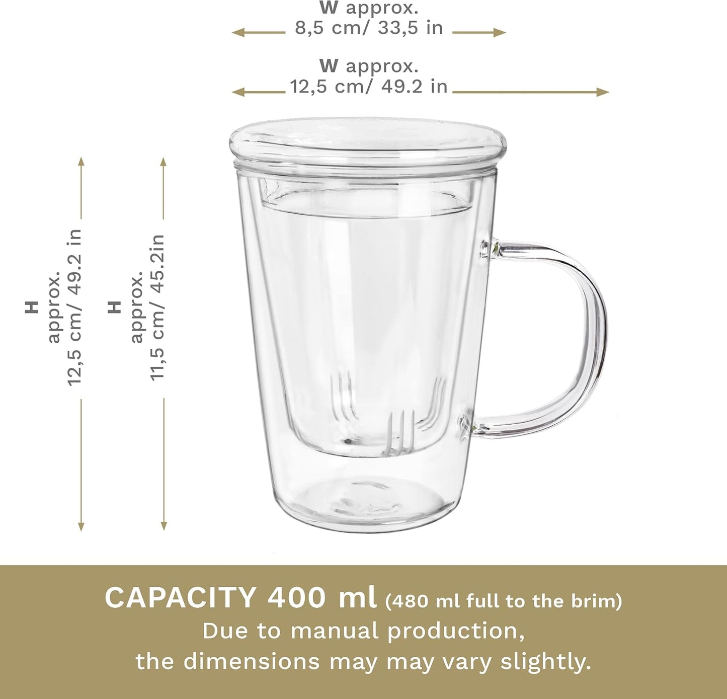 Creano Tea Glass with Infuser and Lid 400ml - Large Tea Cup - Microwave & Dishwasher Safe - Loose Leaf Tea Maker Gift Set