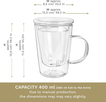 Creano Tea Glass with Infuser and Lid 400ml - Large Tea Cup - Microwave & Dishwasher Safe - Loose Leaf Tea Maker Gift Set