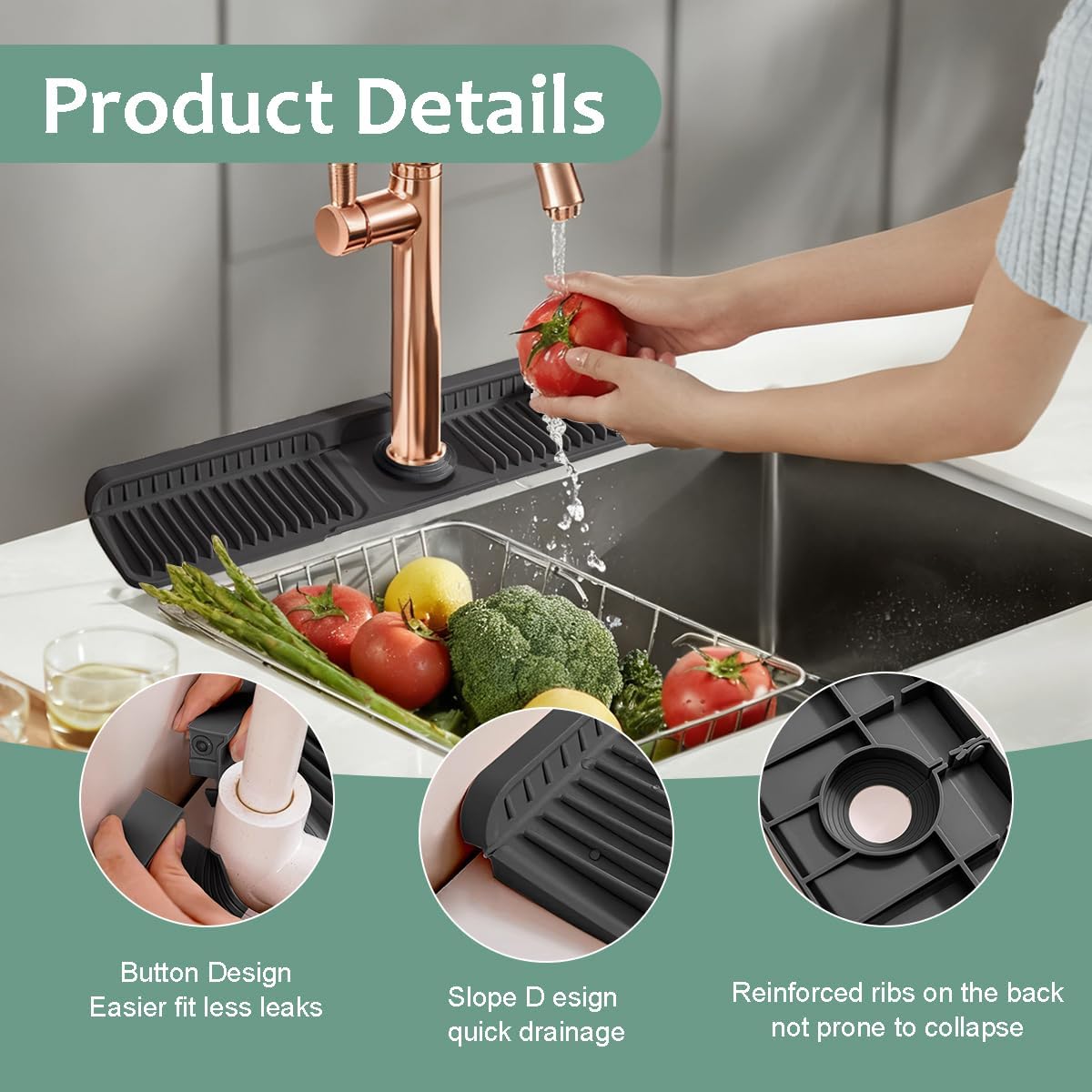 24 Inch Upgraded Draining Mat Folding faucet Mat for Bathroom Sink Splash Guard 7° Slope with Button Lock Water Draining Pad for Kitchen Bathroom Bar(Pink)