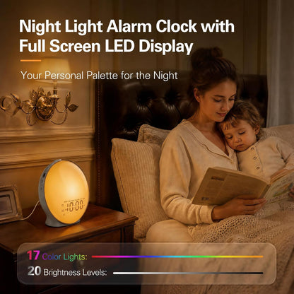 JALL Full-Screen Wake Up Light Sunrise Alarm Clocks for Bedrooms, White Noise Machine for Heavy Sleepers, 25 Natural Sounds, Dual Alarms, FM Radio, 17 Dimmable Colors, Bluetooth Speaker