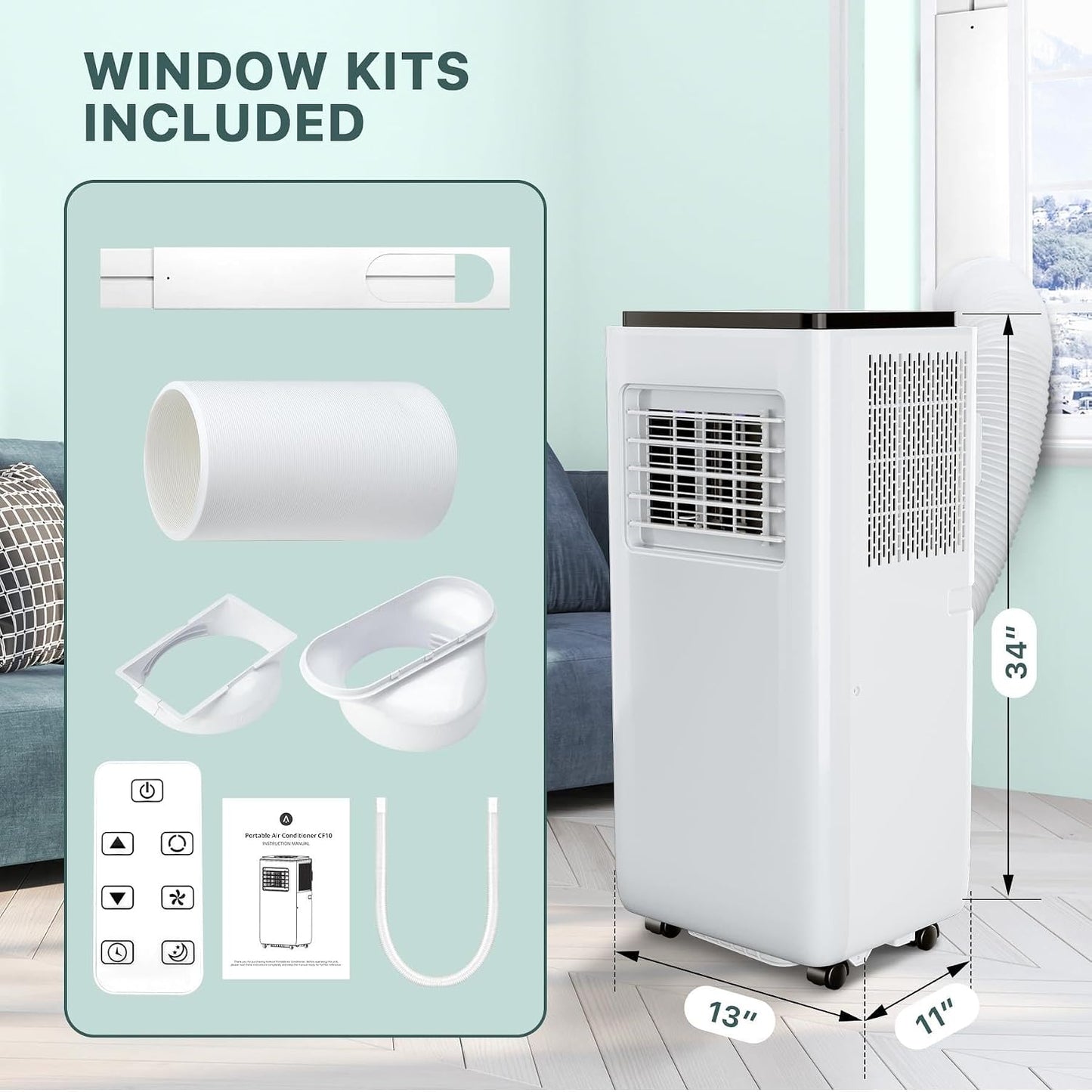 10000 BTU Portable Air Conditioner, 3 In1 Cooling Dehumidifier Fan, Quiet Fast Cooling, 4 Way Swing, LED Display, Remote, 24H Timer, 360° Wheels, Window Kit, Cools Rooms Up to 450 Sq.ft