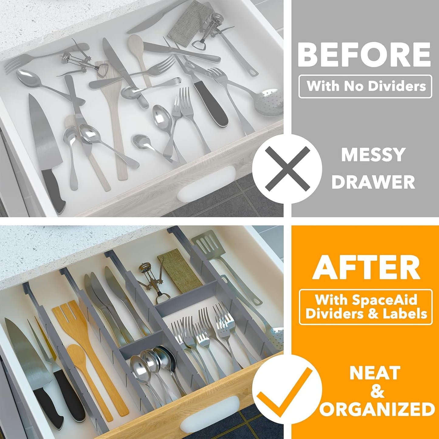 SpaceAid Bamboo Drawer Dividers with Inserts and Labels, Kitchen Adjustable Drawer Organizers, Expandable Organization for Home, Office, Dressers, 4 Dividers with 9 Inserts (17"-22" Natural)