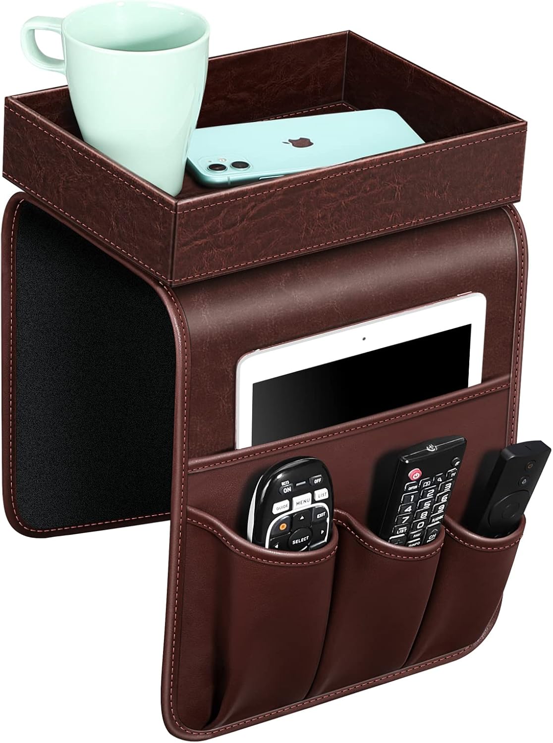 SITHON Sofa Remote Control Holder with Detachable Tray [Non Slip] | PU Leather Chair Couch Armrest Organizer Caddy with 5 Pockets for Magazines Phone iPad Remote Game Controller Eyeglasses