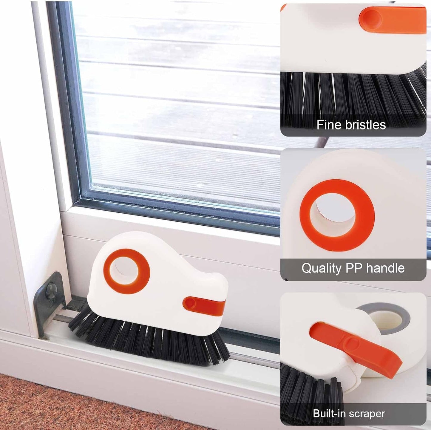 PEUTIER 2pcs Crevice Cleaning Brush, Hard Bristle Window Track Cleaning Tools 2 in 1 Cleaner Scrub Brush Grip Brush Cleaner with Hidden Scraper for Sliding Door Sill Shutter Vents Household