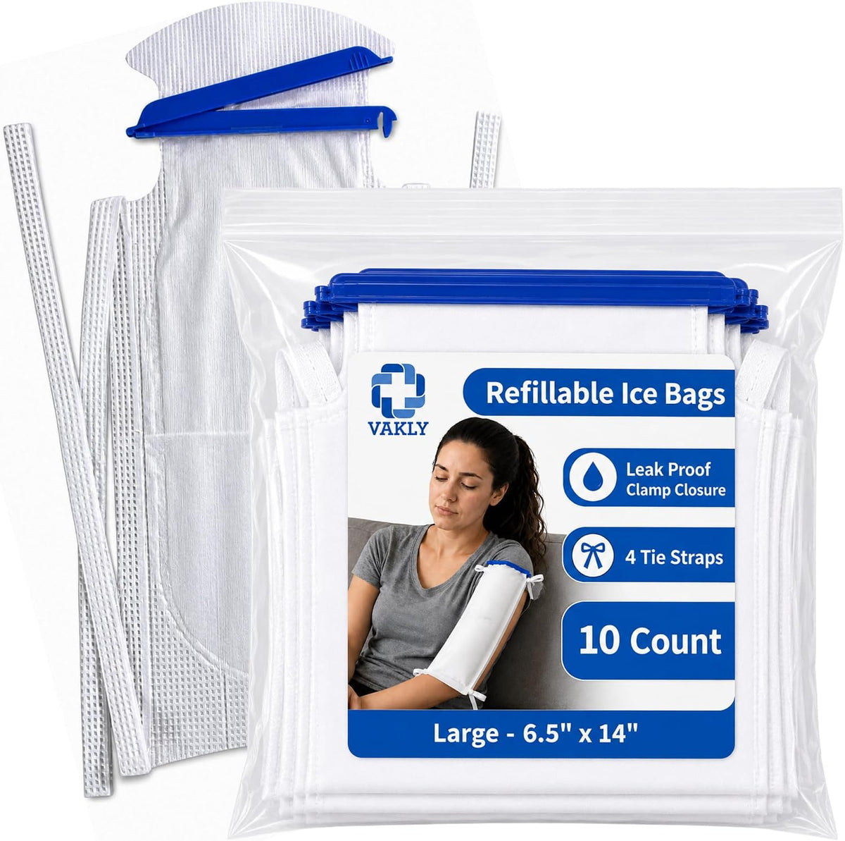 Vakly Large Refillable Ice Bags 6.5 x 14 [Pack of 5] – Reusable Ice Pack with Clamp Closure, Soft Outer Covering & Leak-Resistant Inner Layer for Hospital, Home & Sports Use