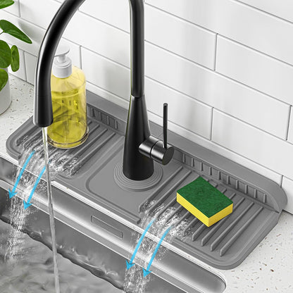 PoYang 24 Inch Faucet Mat for Kitchen Sink Splash Guard, Silicone, Black | Sink Protectors with 7° Slope for Smooth Drainage, Snap Button Holds It in Place, 90° Foldable & Cuttable Hole Fit Most Sinks