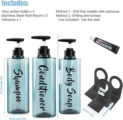 AUMIO 16.9oz Shampoo Dispenser for Shower Wall 3 Chamber, Drill Free Shampoo and Conditioner Dispenser with 6 Waterproof Labels, Wall Mounted Shower Soap Dispenser Shampoo Bottles for Home Bathroom