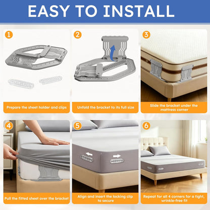 Bed Sheet Holders for Corners, 4 Pack Heavy Duty Sheet Locks | Keep Fitted Sheets in Place Firmly, Easy Snap-On Installation, Foldable Mattress Fasteners for Twin to Cal King