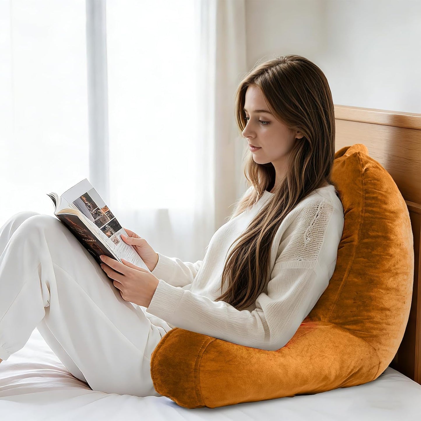 OAISZ Reading Pillow for Sitting in Bed with Shredded Memory Foam, Grey | 19-Inch Back Pillow for Sitting Up in Bed, Extended Arms, Side Pockets, Supportive Adjustable Pillow Removable Washable Cover