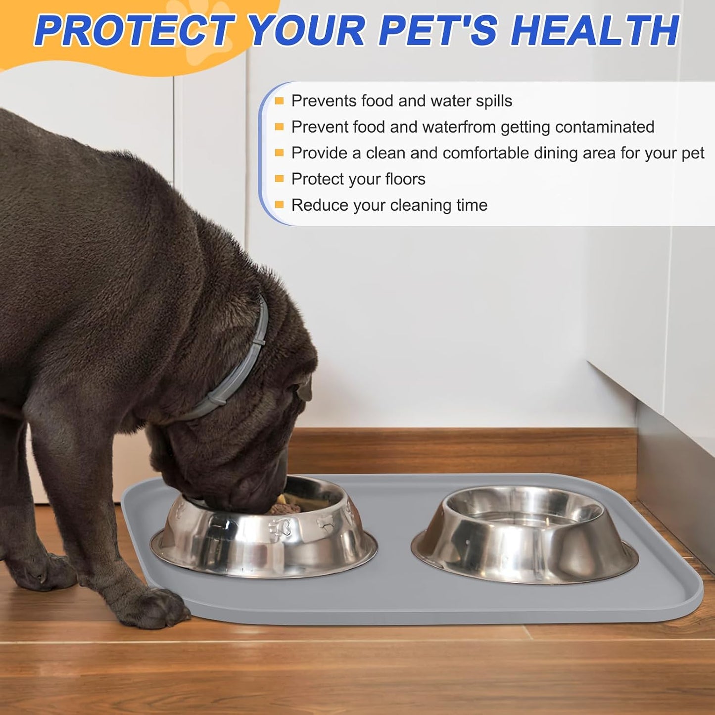 SMILOOL Waterproof Silicone Pet Food Mat with Raised Edge for Dog & Cat | 19" x 12" Non-Slip Pet Feeding Mats with Lip for Food & Water Bowl, Food Grade, Easy Cleaning, Black