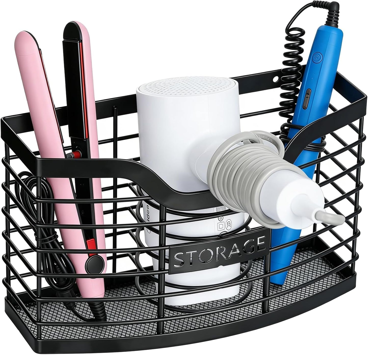 Hair Tool Organizer, Hair Dryer Holder for Bathroom Vanity Counter Cabinet | Dresser Blow Dryer Holder, No Drilling Wall Mount Storage Basket for Blow Dryers, Shaver, Comb, Curling Iron, Straightener