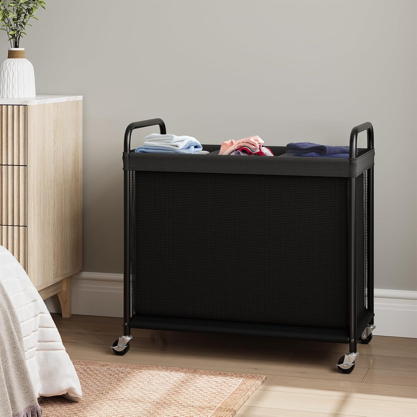 ELYKEN Laundry Hamper 2 Section, 100L Rolling Laundry Sorter with Wheels | Removable Washable Liner Bags, Sturdy Steel Frame and Metal Handle, Double Compartment Clothes Organizer for Laundry Sorting