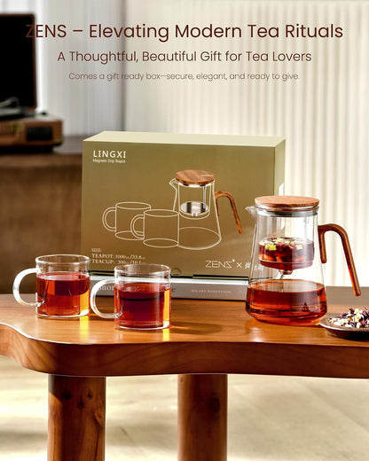 ZENS Magnetic Glass Infuser Teapot for Loose Tea, 27oz Walnut Wood Handle | Magic Teapot with Infuser, Echanted Tea Maker, Mess-Free Loose Leaf Tea Diffusers for Tea lover Gifts