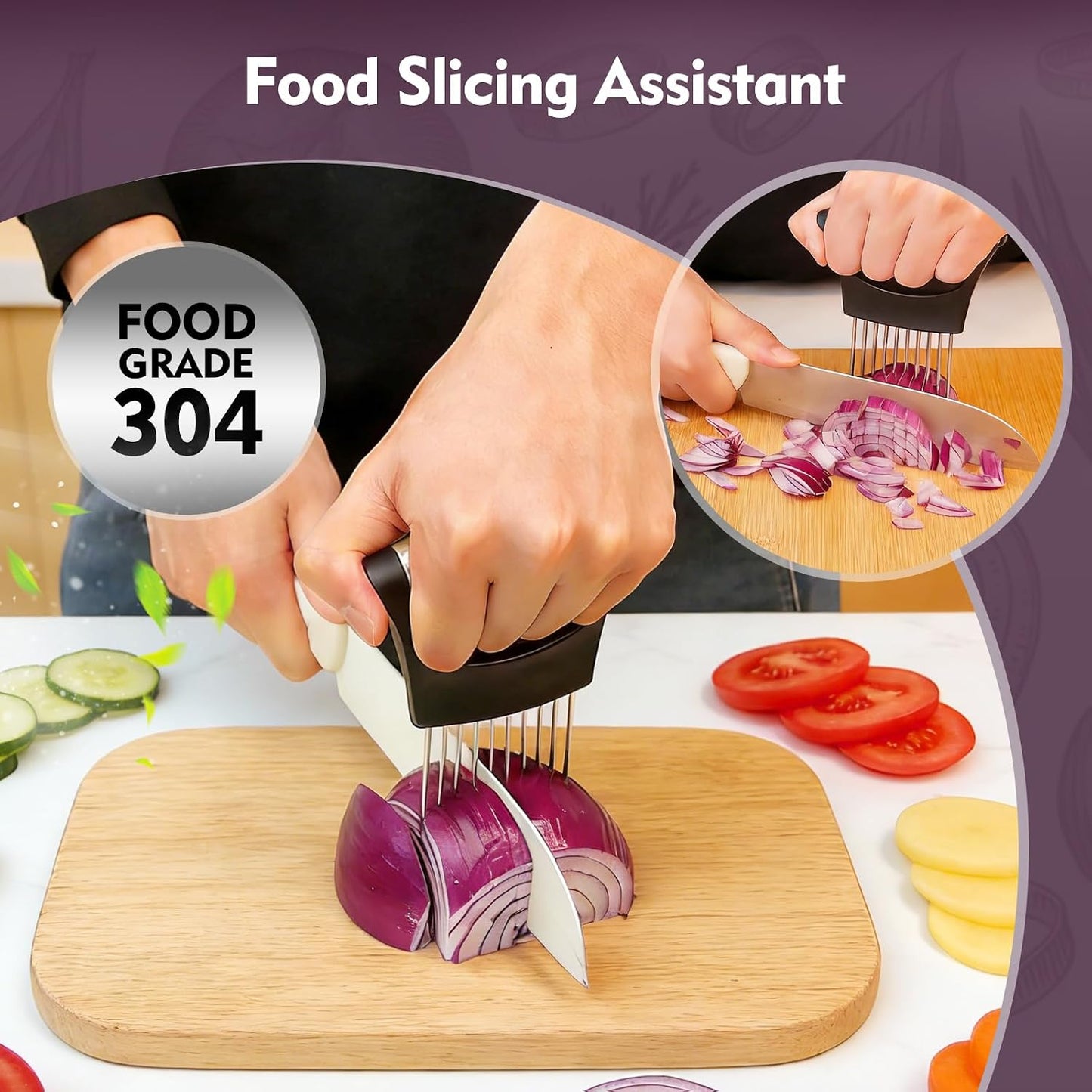 Onion Holder for Slicing, Stainless Steel Onion Slicer | Onion Slicer Holder Cutter Chopper, Vegetable Fruit Tomato Slicer, Food Vegetable Chopper, Kitchen Gadgets