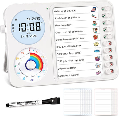 3-in-1 Visual Timer & ADHD Tool for Kids with Chore Chart & Planning Board | ADHD Timer with Digital Clock, Silent Task Timer for Adults with Visual Schedule for Home, School, Classroom, Work (Pink)
