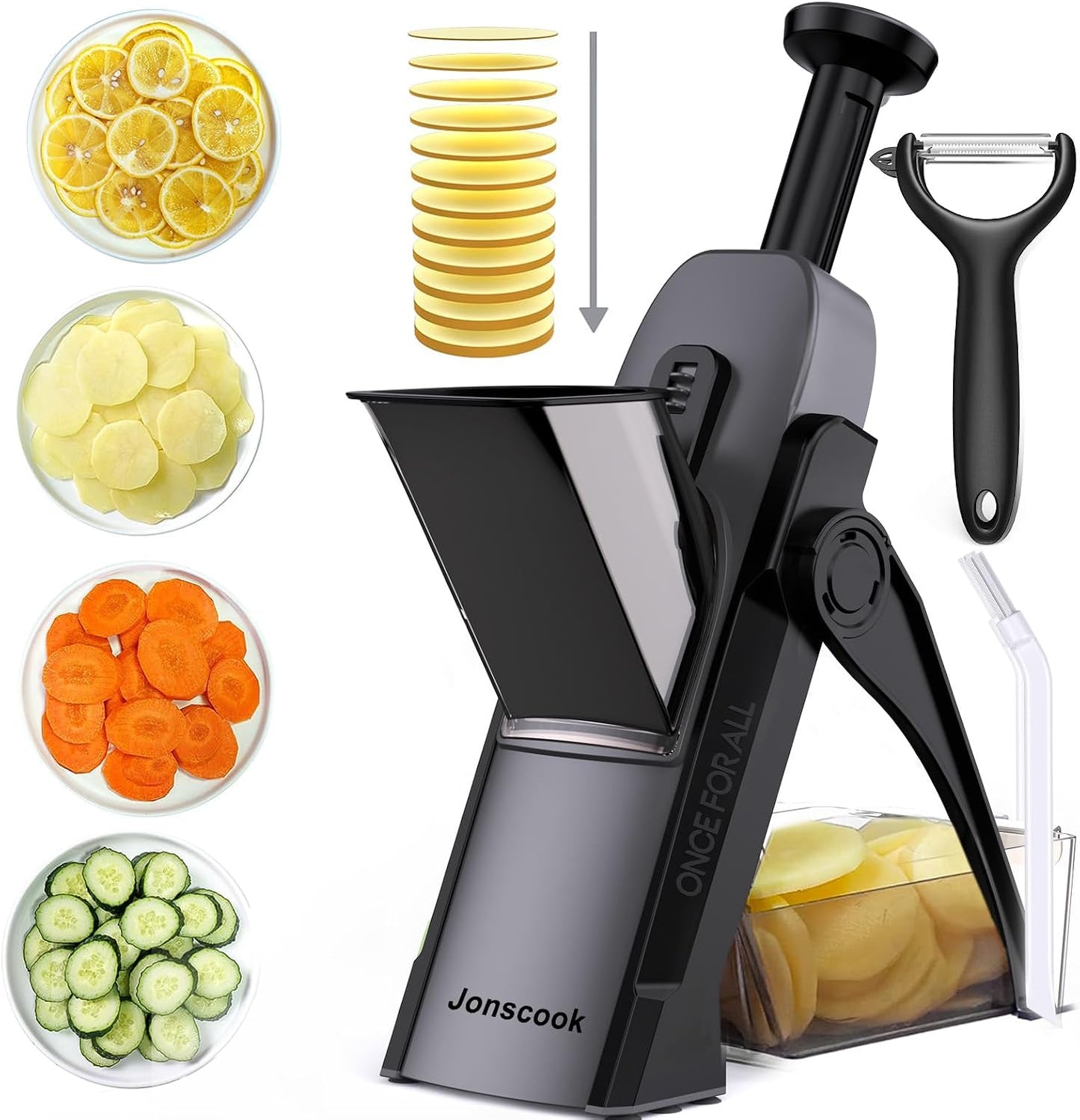 Jonscook All-in-1 Safe Mandoline Slicer for Kitchen, Vegetable Slicer with Container, Adjustable Veggie Mandoline, French Fry Cutter, Potato/Tomato/Onion Slicer, Grater/Cleaning Brush (Black Knight)