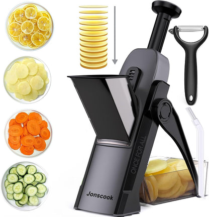 Jonscook All-in-1 Safe Mandoline Slicer for Kitchen, Vegetable Slicer with Container, Adjustable Veggie Mandoline, French Fry Cutter, Potato/Tomato/Onion Slicer, Grater/Cleaning Brush (Black Knight)