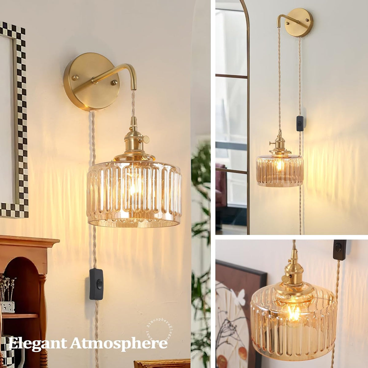 Shenmoyl Battery Operated Wall Sconce with Green Striped Shade Pattern Glass Adjustable Chain Retro Gold Wall Mounted Light, Modern Wall Lamp Fixtures Decor for Bedside Bedroom Indoor Doorway