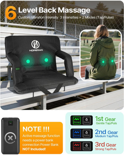 HOPERAN Massage Heated Stadium Seats for Bleachers, Dual Control, Portable | Back Massage, Seat Heated (Battery Not Included), Lumbar Pillow, 6 Recliner, Soft Cushion, Anti-Slip Stability, Side Pockets