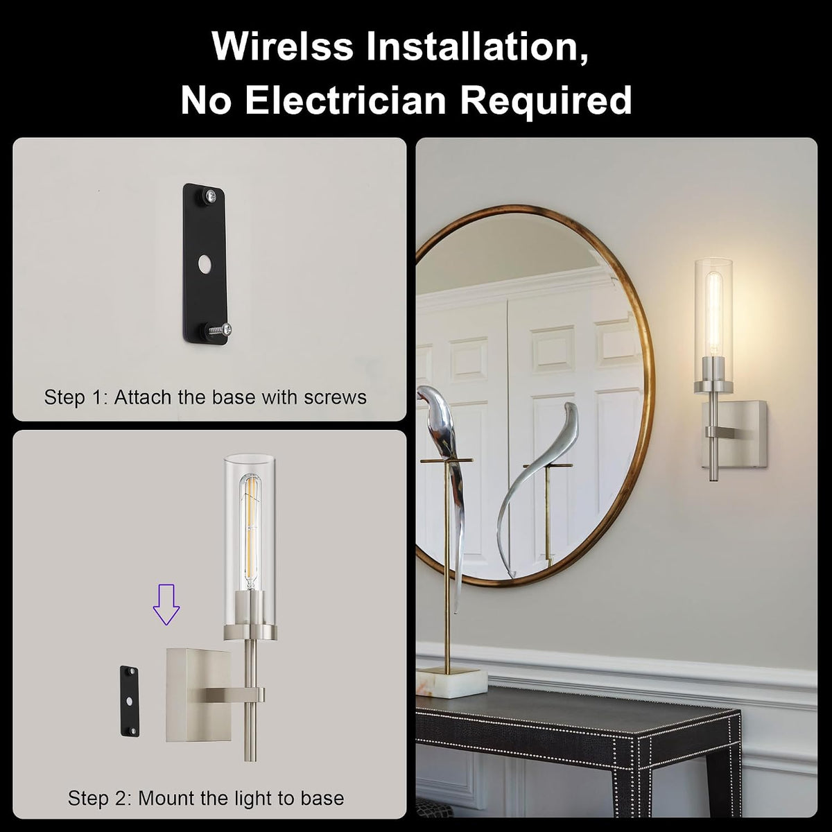 Wireless Wall Sconces with Remote Control, Battery Operated Wall Sconce Set of 2, Black & Gold Rechargeable Dimmable Wall Light for Bedroom Living room Bathroom Hallway Entryway Stairwell, 3000K