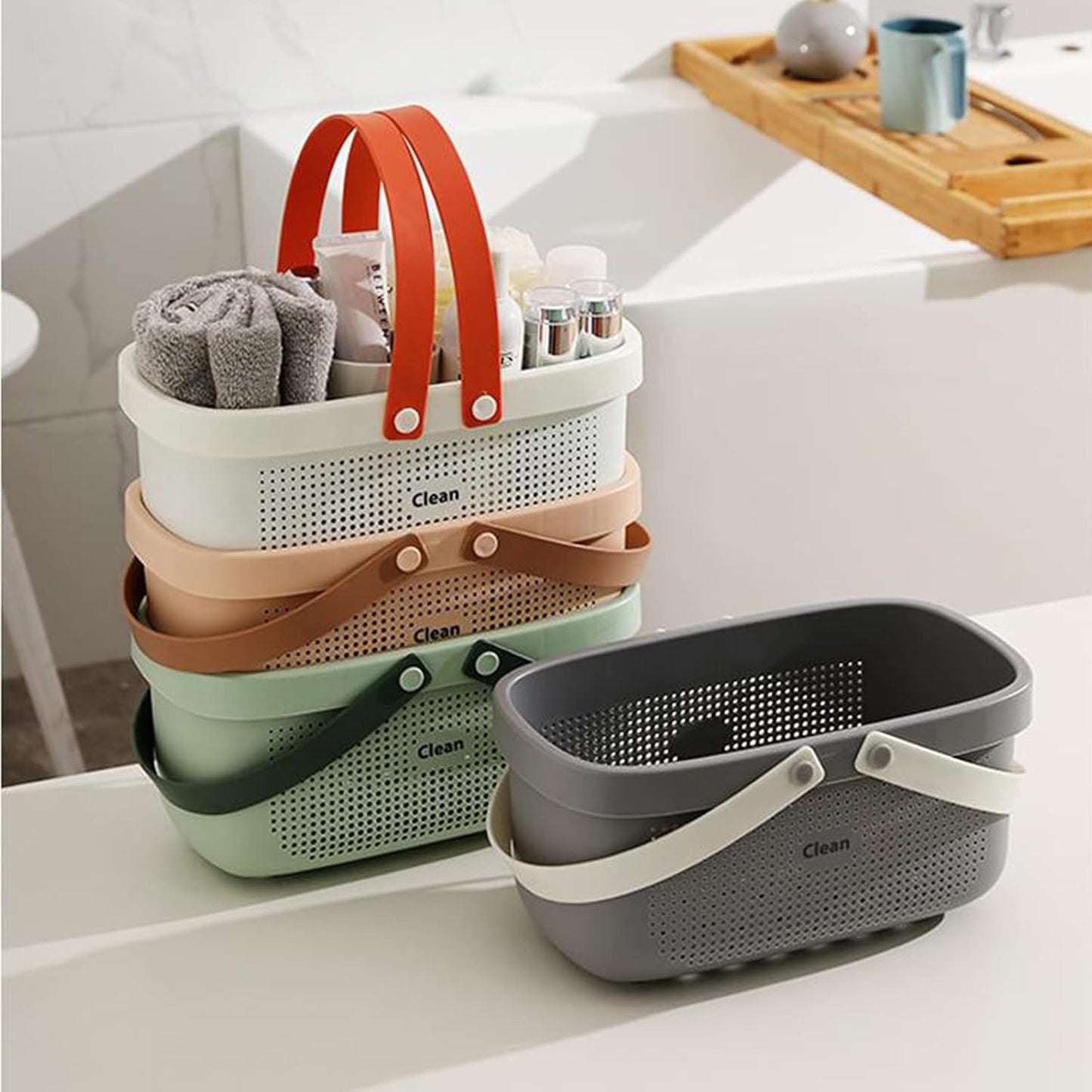 JiatuA Plastic Storage Basket with Handle Portable Shower Caddy Tote Organizer Basket Bin for Bathroom Kitchen Dorm Room Bedroom, Green | Sturdy Drainage Large Capacity Organizer Basket with Silicone Handles for Bathroom Kitchen Bedroom College Dorm