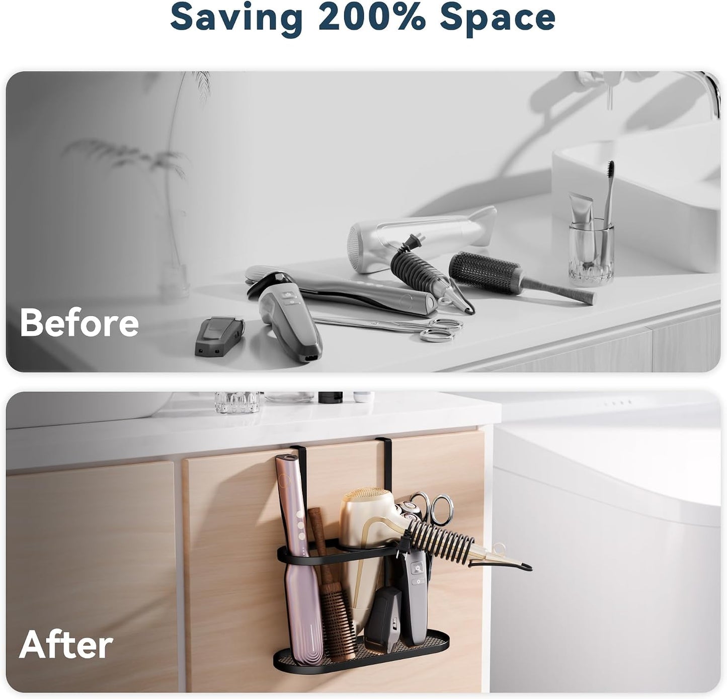 3-in-1 Hair Tool Organizer Holder for Dryer, Straightener & Curling Iron - Multi-Placement Design Mounts on Cabinet Door&Tabletop (Black Elliptic Frame)