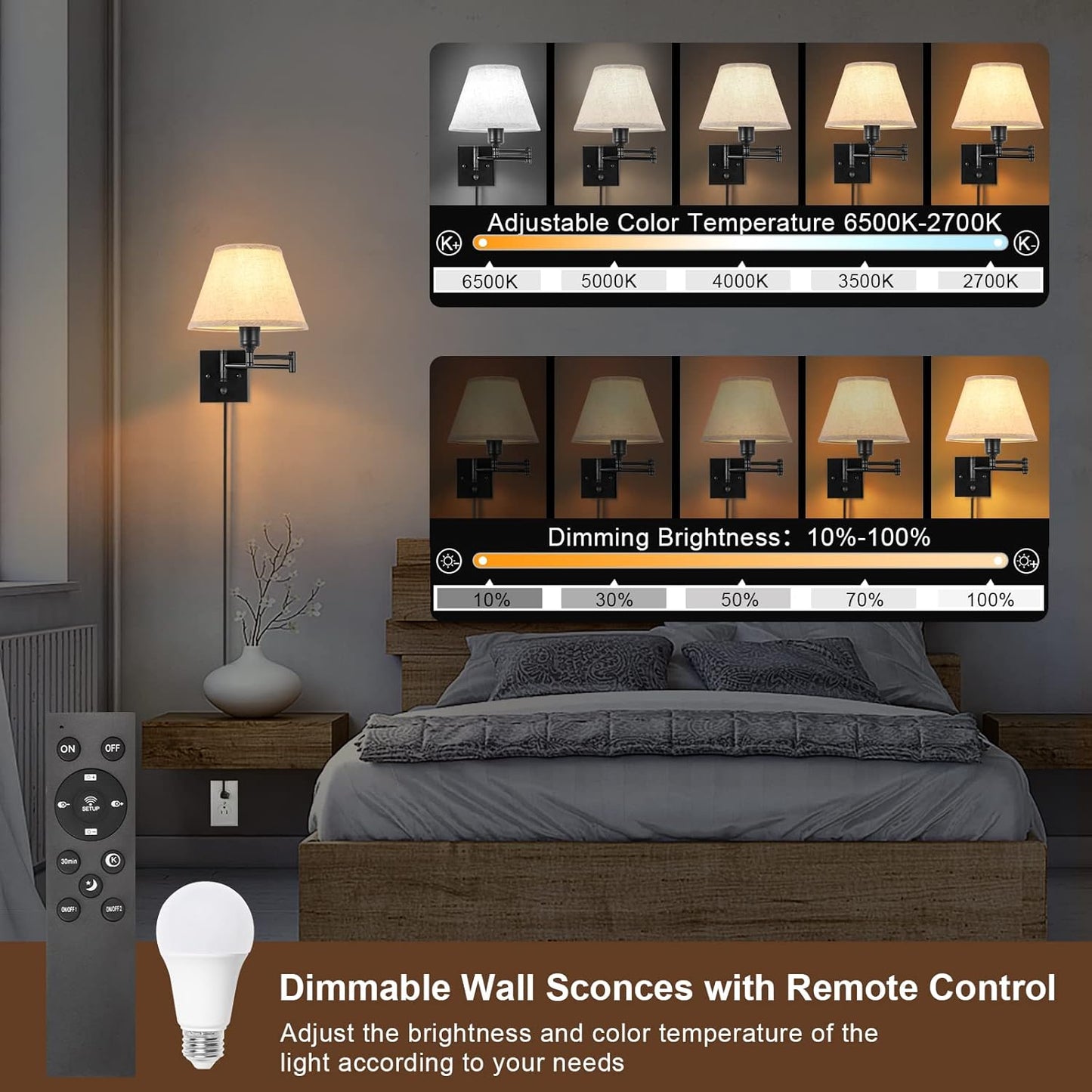 TRLIFE Wall Sconce Plug in, Dimmable Wall Sconces Set of Two Swing Arm Wall Lights with Plug in Cord and On/Off Dimmer Rotary Switch, 9.4" Medium Beige Fabric Shade(2 Pack, 2 Bulbs)