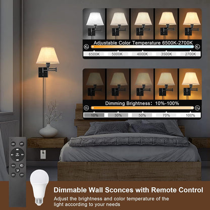 TRLIFE Wall Sconce Plug in, Dimmable Wall Sconces Set of Two Swing Arm Wall Lights with Plug in Cord and On/Off Dimmer Rotary Switch, 9.4" Medium Beige Fabric Shade(2 Pack, 2 Bulbs)
